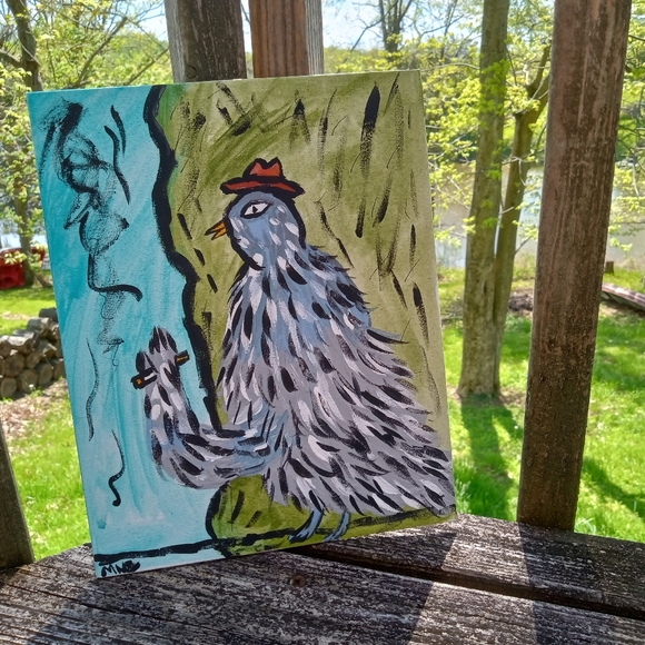 Pigeon Smoking Painting Folk Art Whimsical Decor - Picture 6 of 9